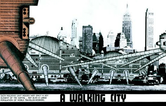 Archigram's "Walking City" Project: An artistic depiction of a futuristic city designed to be mobile, with mechanical elements and skyscrapers in the background, representing a conceptual vision of urban living.