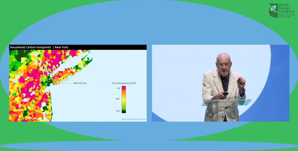 Sir Norman Foster presenting at the World Design Congress in London, discussing urbanism and climate change while a colorful map of household carbon footprints in New York City is displayed.